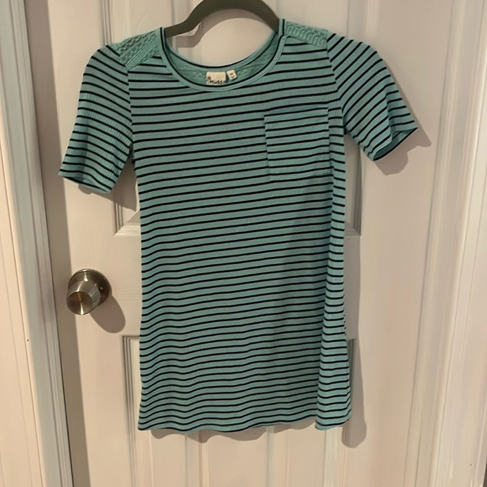 Striped teal and blue dress with a pocket in front and mesh in the back of dress